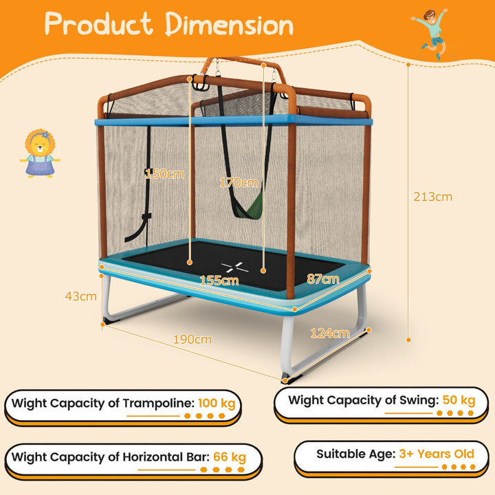 190CM 3 in 1 Kids Rectangle Trampoline with Enclosure Net and Horizontal Bar