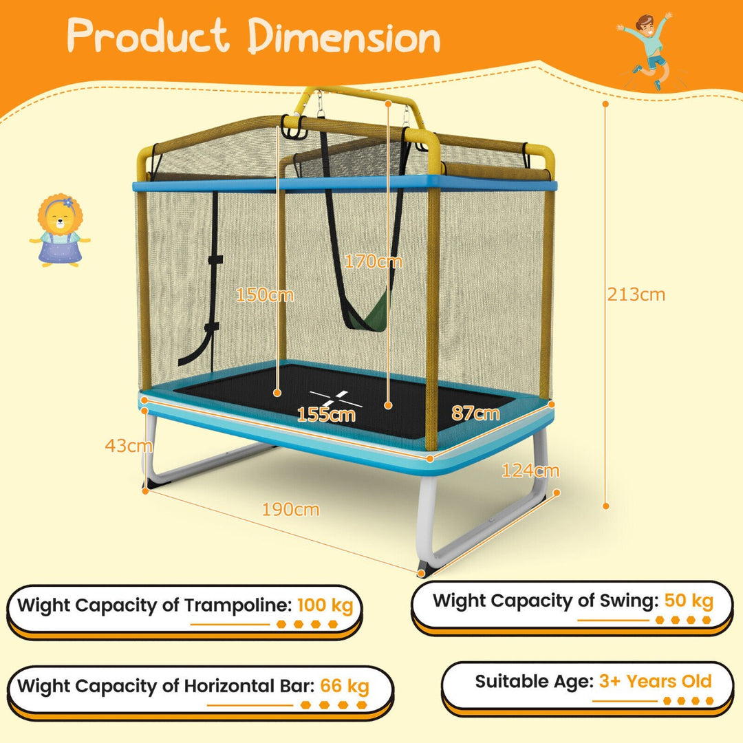 190CM 3 in 1 Kids Rectangle Trampoline with Enclosure Net and Horizontal Bar