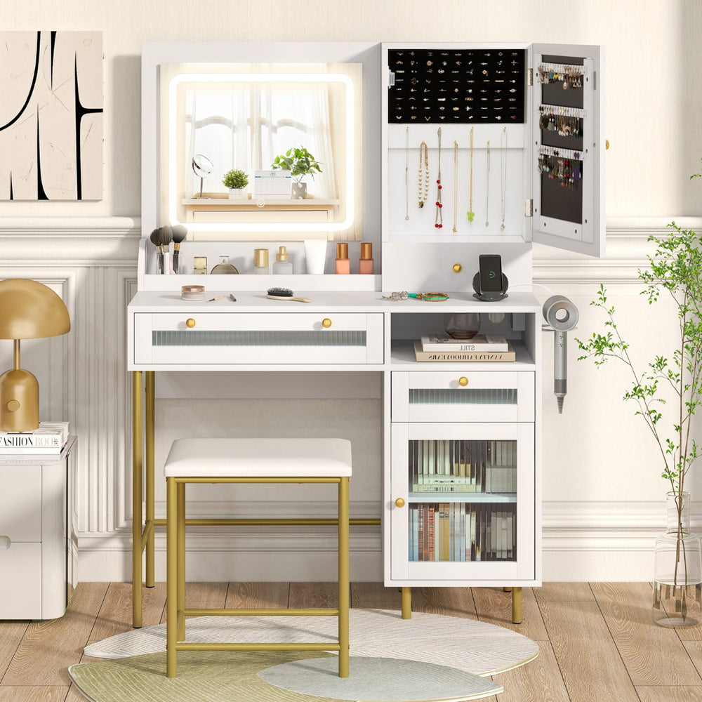Vanity Set with 2 Fluted Glass Drawers and 1 Ordinary Drawer-White - TidySpaces