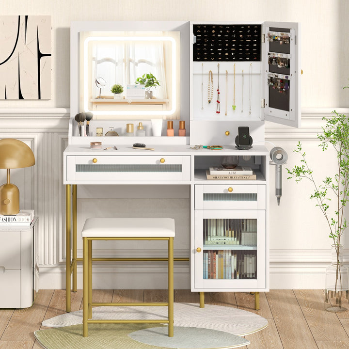 Vanity Set with 2 Fluted Glass Drawers and 1 Ordinary Drawer-White - TidySpaces