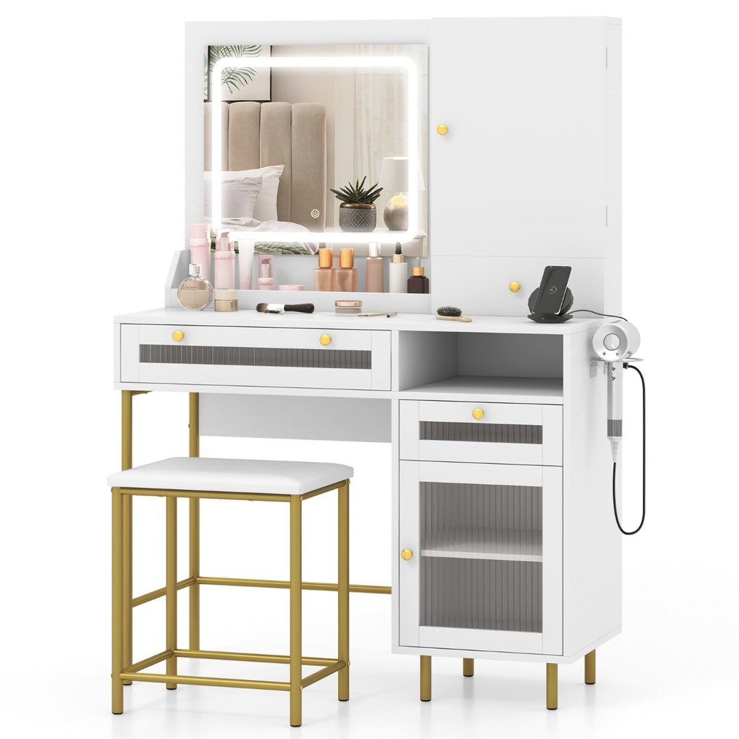Vanity Set with 2 Fluted Glass Drawers and 1 Ordinary Drawer-White - TidySpaces