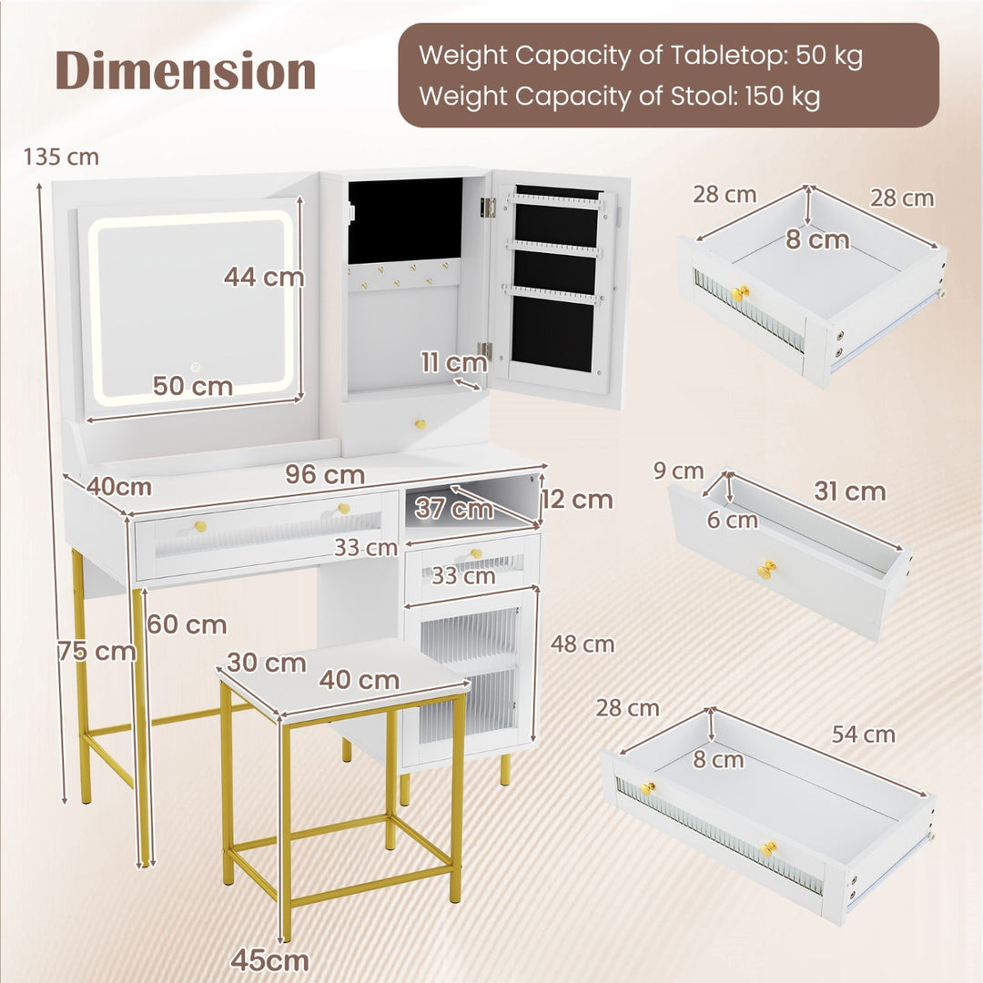Vanity Set with 2 Fluted Glass Drawers and 1 Ordinary Drawer-White - TidySpaces