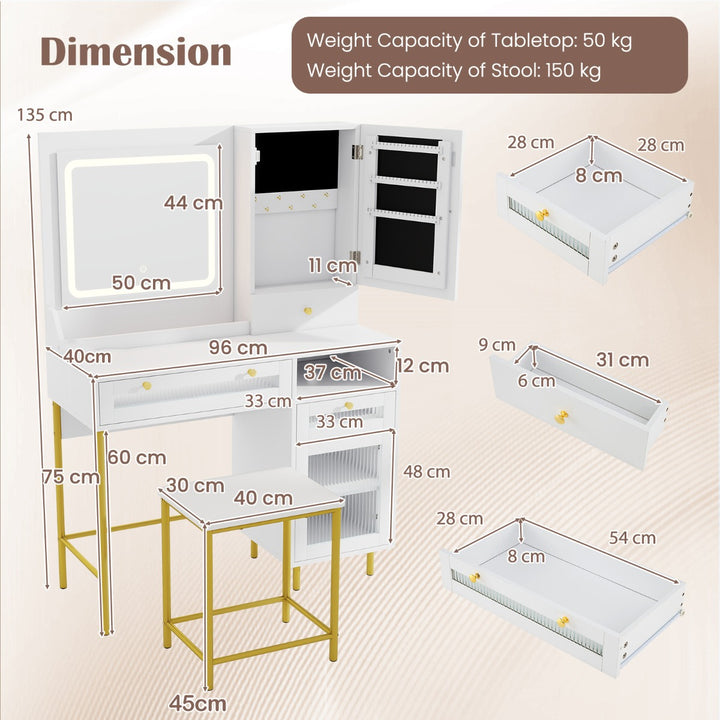 Vanity Set with 2 Fluted Glass Drawers and 1 Ordinary Drawer-White - TidySpaces