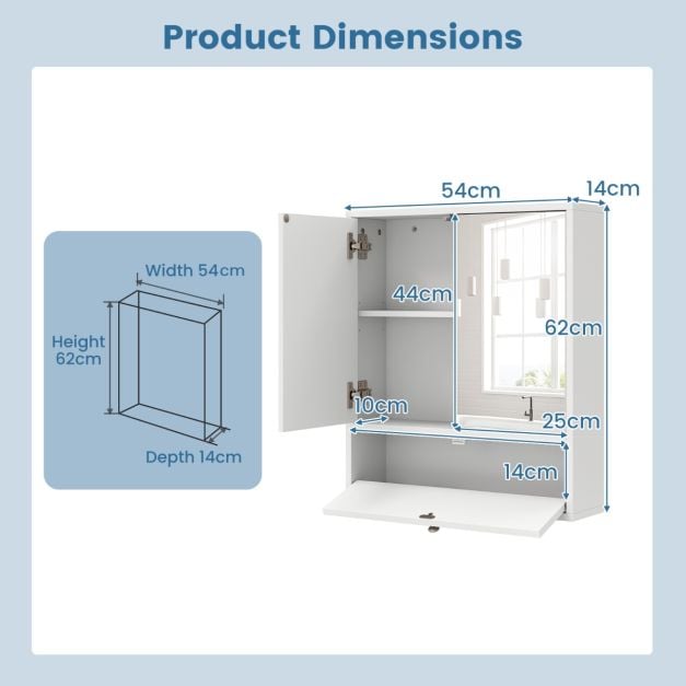 Wall-Mounted Bathroom Cabinet with Mirror and 3-Level Adjustable Shelf and Flip-Open Compartment-White