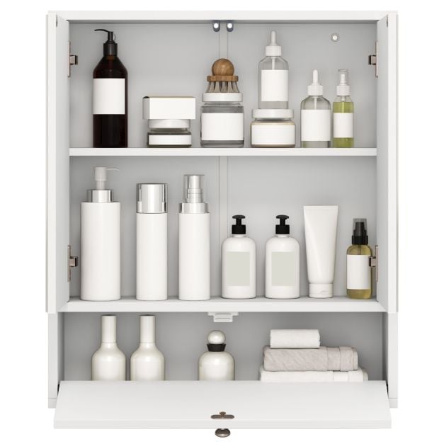 Wall-Mounted Bathroom Cabinet with Mirror and 3-Level Adjustable Shelf and Flip-Open Compartment-White