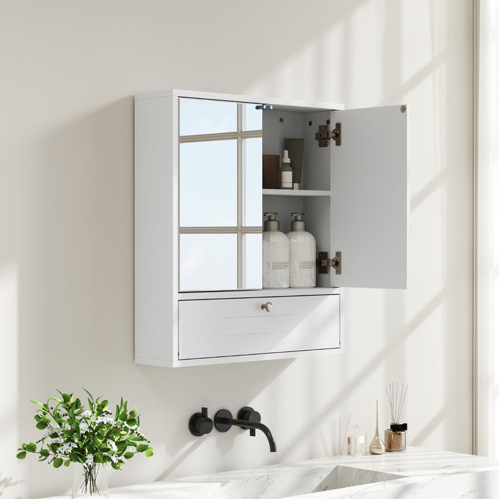 Wall-Mounted Bathroom Cabinet with Mirror and 3-Level Adjustable Shelf and Flip-Open Compartment-White