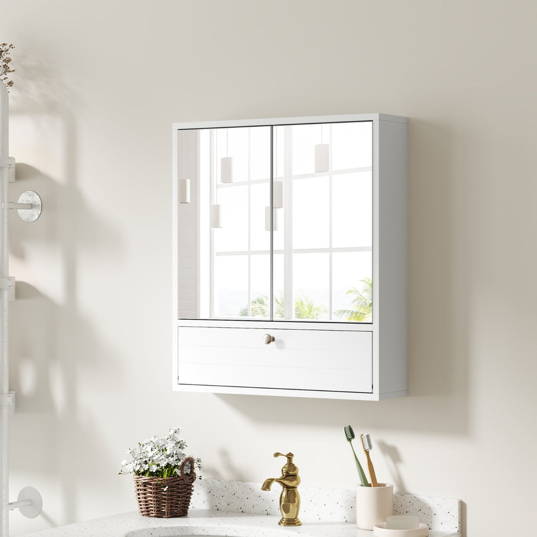 Wall-Mounted Bathroom Cabinet with Mirror and 3-Level Adjustable Shelf and Flip-Open Compartment-White