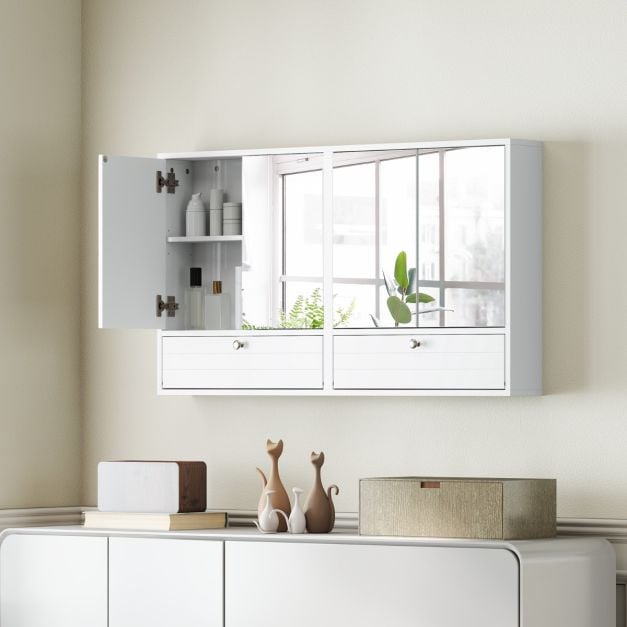 Wall-Mounted Bathroom Cabinet with Mirror and 3-Level Adjustable Shelf and Flip-Open Compartment-White