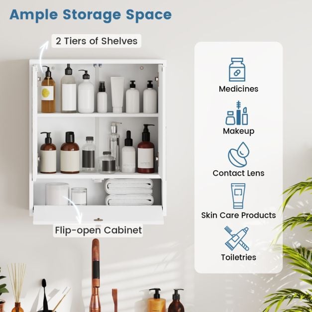 Wall-Mounted Bathroom Cabinet with Mirror and 3-Level Adjustable Shelf and Flip-Open Compartment-White