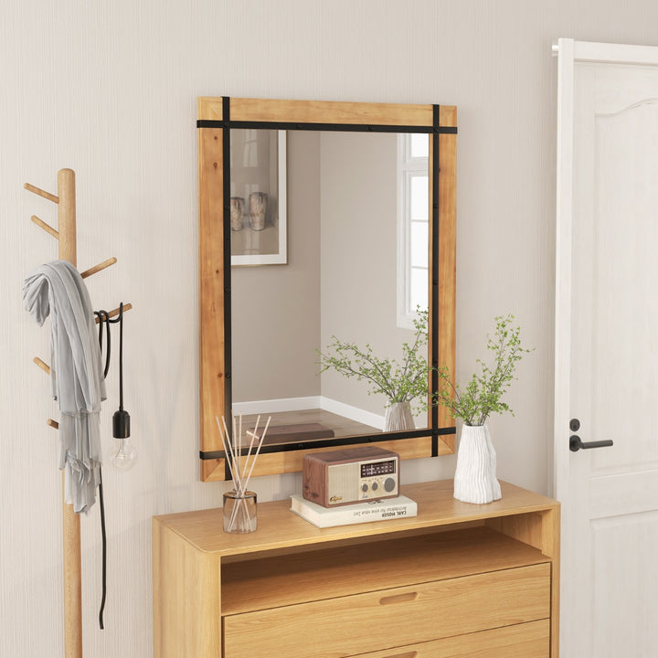 Decorative Wall Mirror with Fir Wood Frame and Farmhouse Finish-Natural