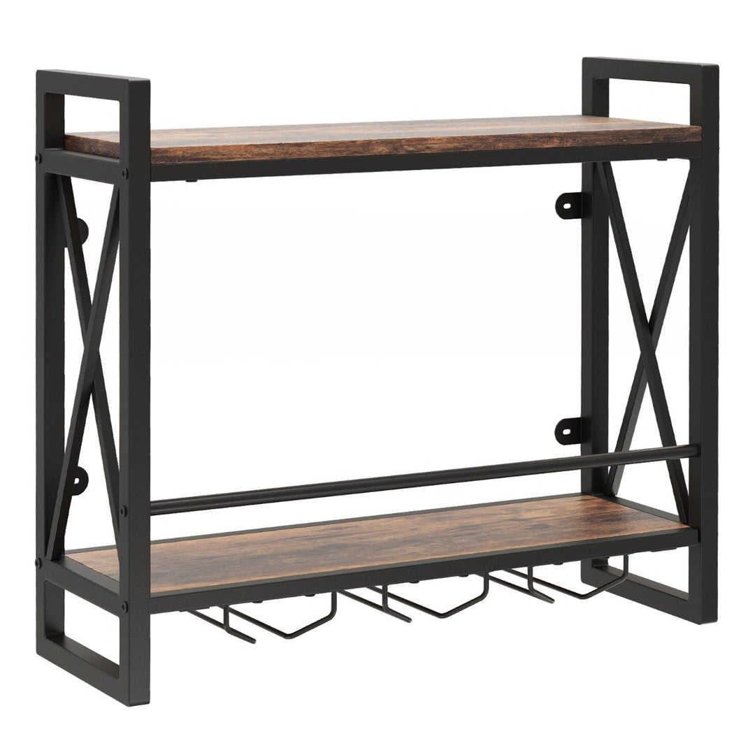 Wall Mounted Wine Rack with 2-Tier Shelves and 3 Glass Holders - TidySpaces