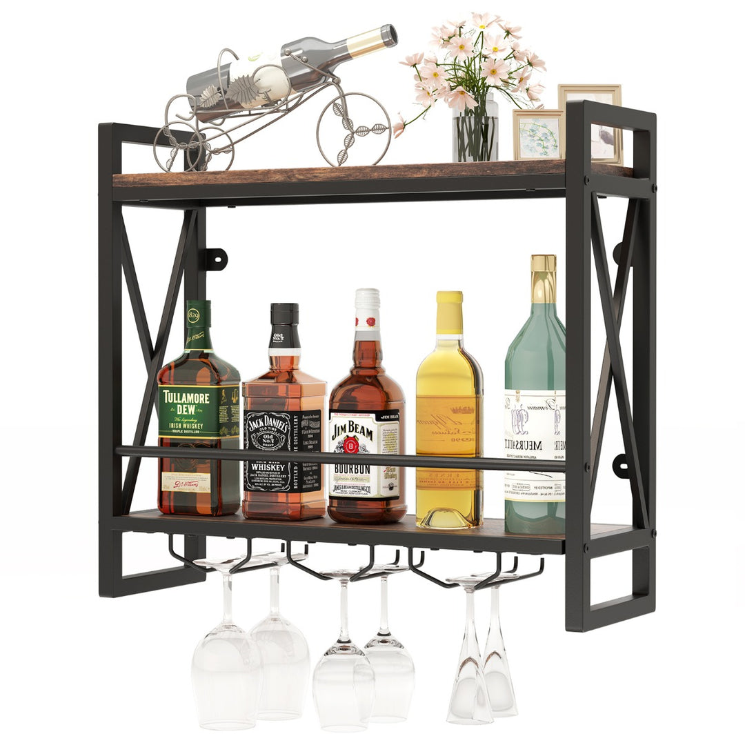 Wall Mounted Wine Rack with 2-Tier Shelves and 3 Glass Holders - TidySpaces