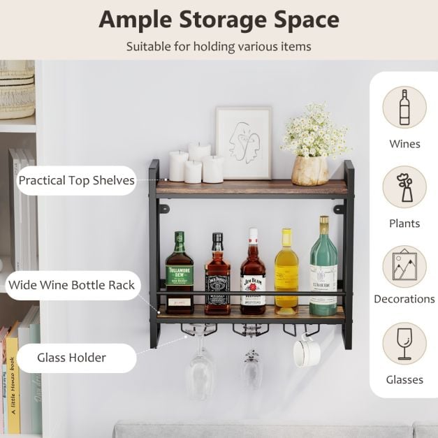 Wall Mounted Wine Rack with 2-Tier Shelves and 3 Glass Holders - TidySpaces