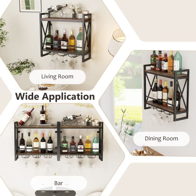 Wall Mounted Wine Rack with 2-Tier Shelves and 3 Glass Holders - TidySpaces