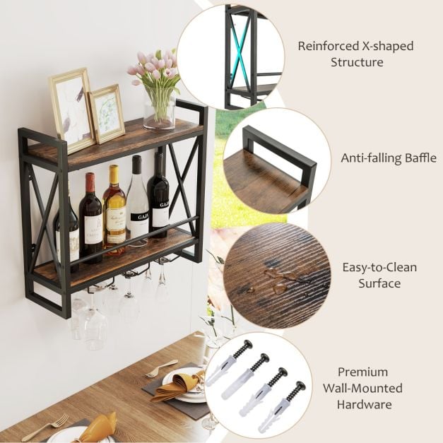 Wall Mounted Wine Rack with 2-Tier Shelves and 3 Glass Holders - TidySpaces