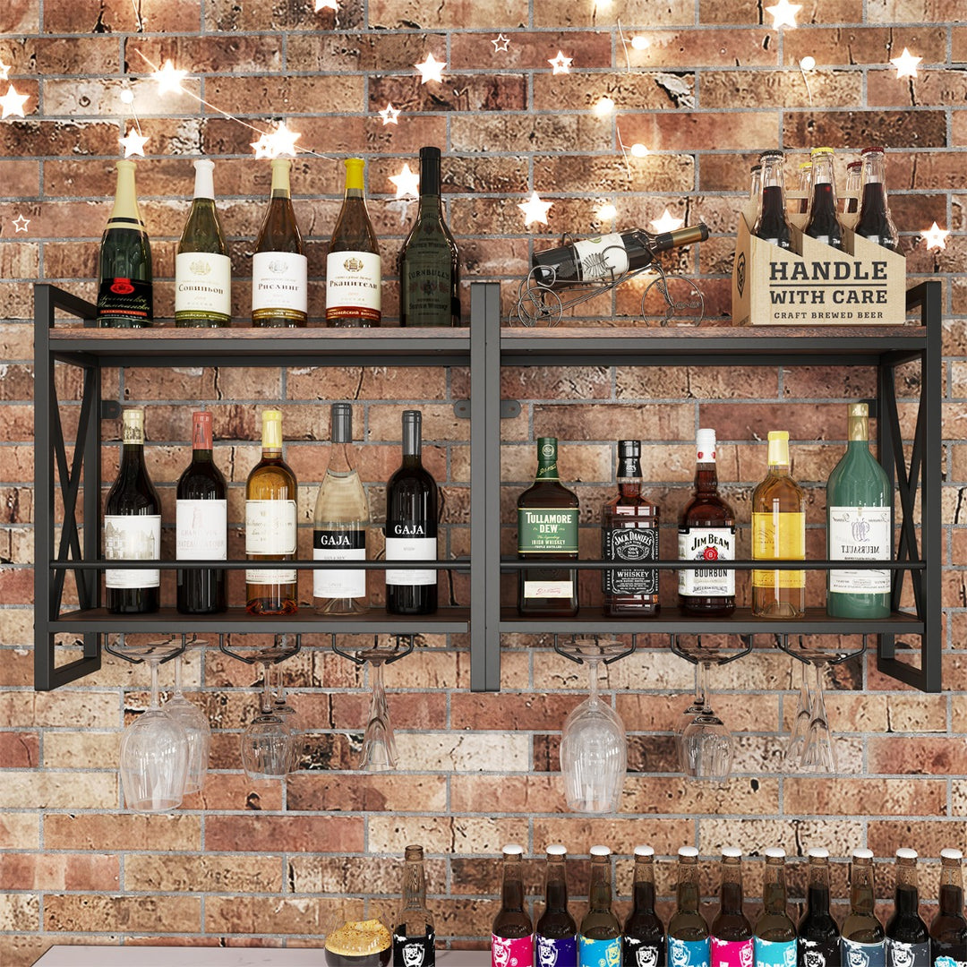 Wall Mounted Wine Rack with 2-Tier Shelves and 3 Glass Holders - TidySpaces
