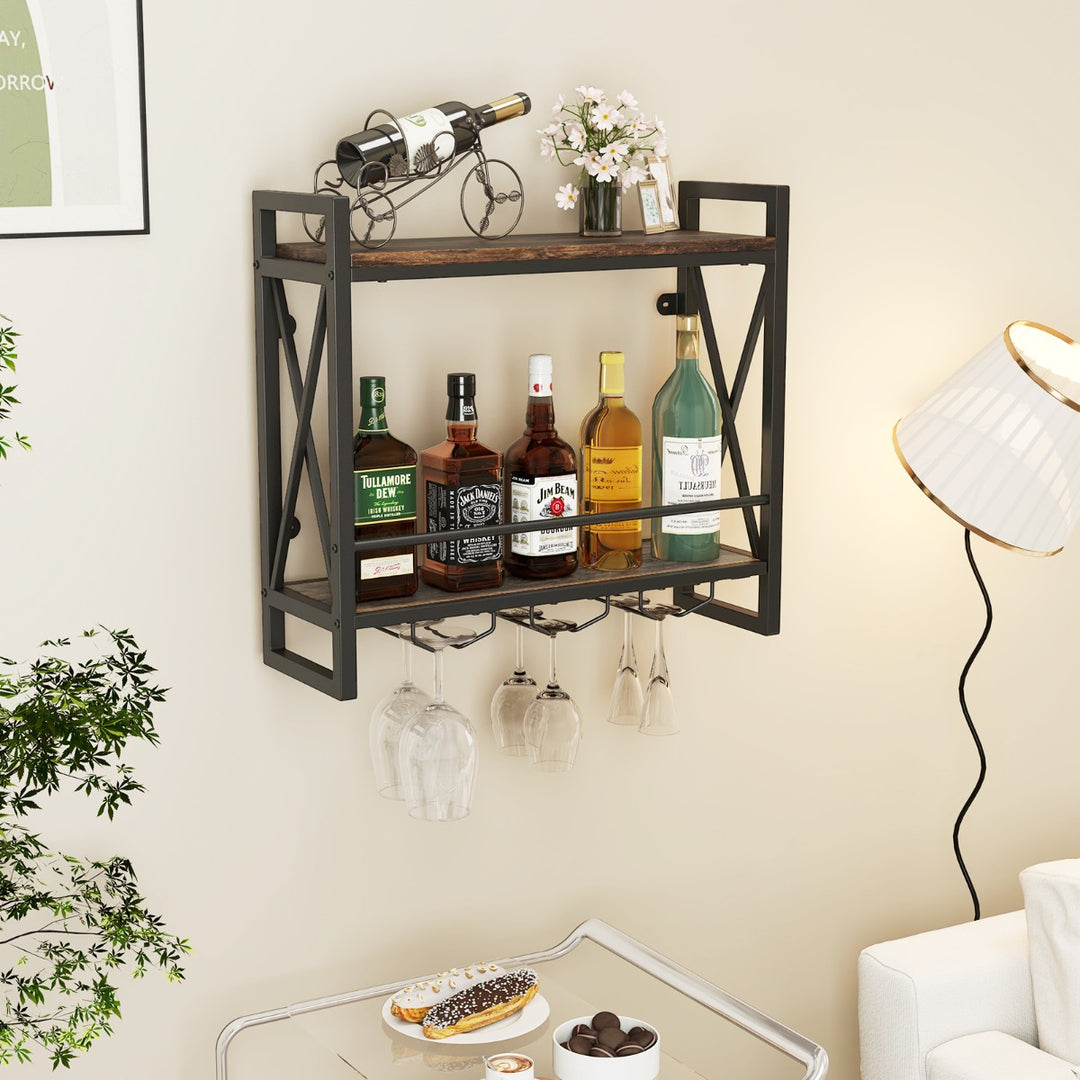 Wall Mounted Wine Rack with 2-Tier Shelves and 3 Glass Holders - TidySpaces