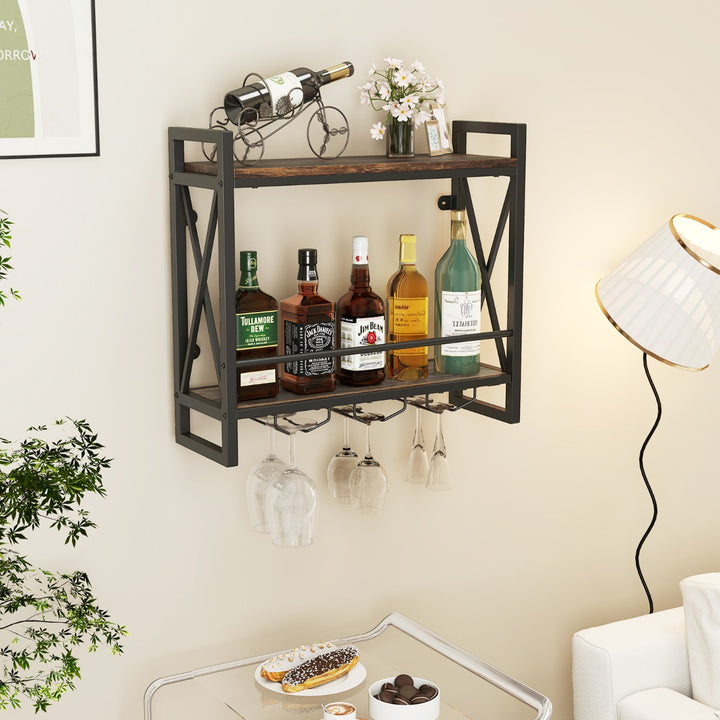 Wall Mounted Wine Rack with 2-Tier Shelves and 3 Glass Holders - TidySpaces