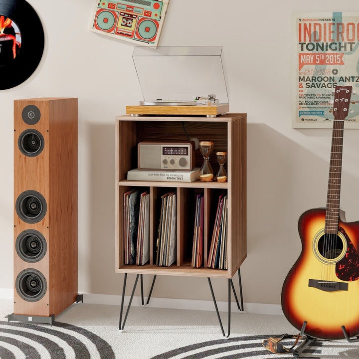 3 Tier Record Player Stand with Charging Station Shelf and 4 Dividers