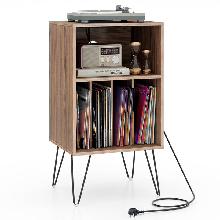 3 Tier Record Player Stand with Charging Station Shelf and 4 Dividers