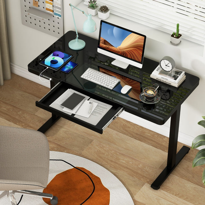 120 x 60 CM Whole Piece Glass Sit and Standing Desk with Drawers, Electric Height Adjustable, Tempered Glass Top, USB