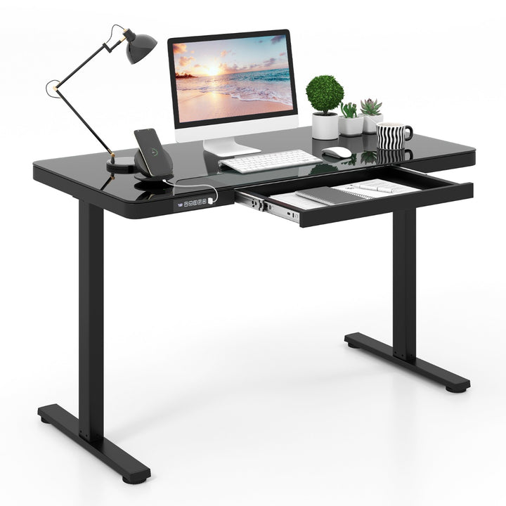 120 x 60 CM Whole Piece Glass Sit and Standing Desk with Drawers, Electric Height Adjustable, Tempered Glass Top, USB