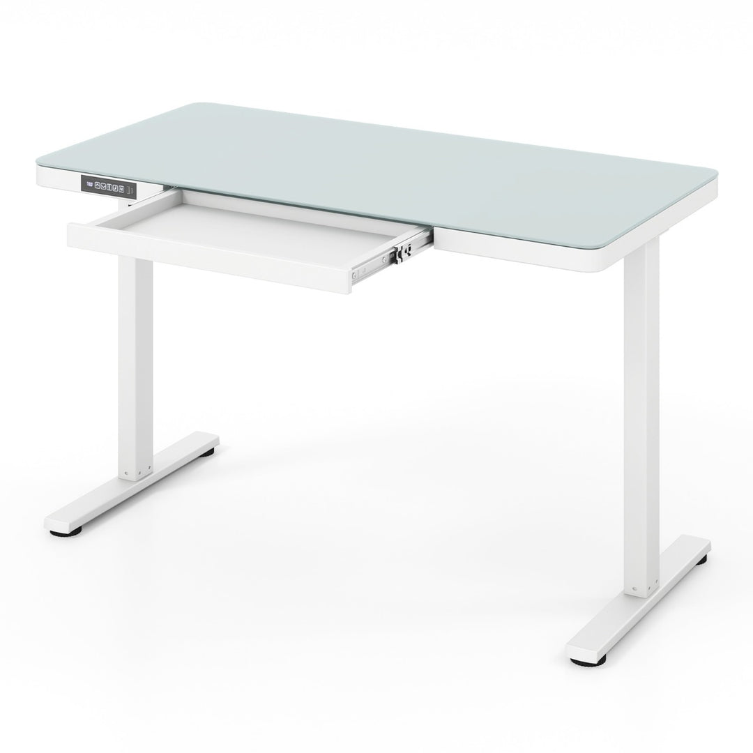 120 x 60 CM Whole Piece Glass Sit and Standing Desk with Drawers, Electric Height Adjustable, Tempered Glass Top, USB