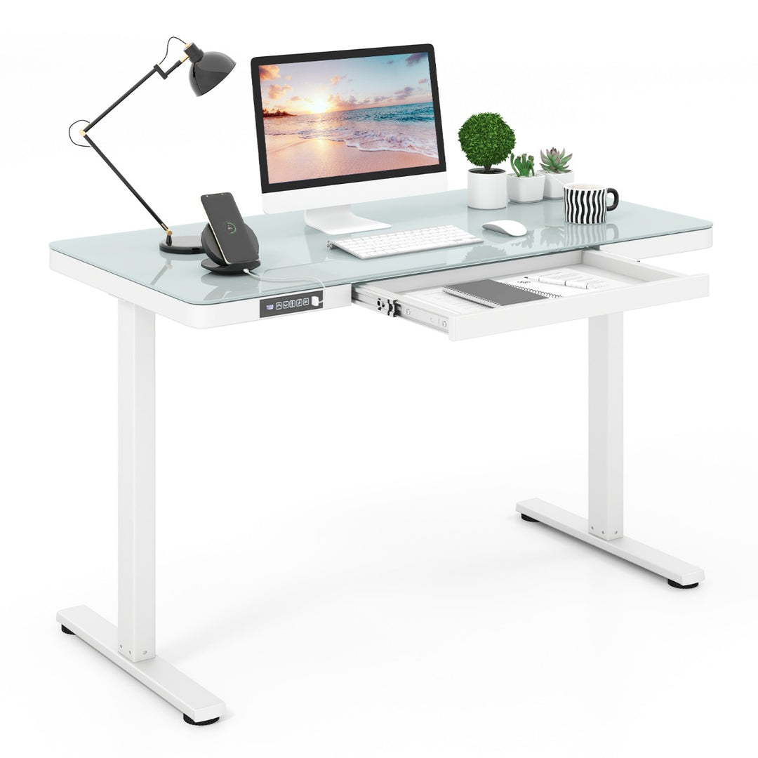 120 x 60 CM Whole Piece Glass Sit and Standing Desk with Drawers, Electric Height Adjustable, Tempered Glass Top, USB