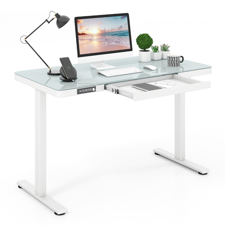 120 x 60 CM Whole Piece Glass Sit and Standing Desk with Drawers, Electric Height Adjustable, Tempered Glass Top, USB