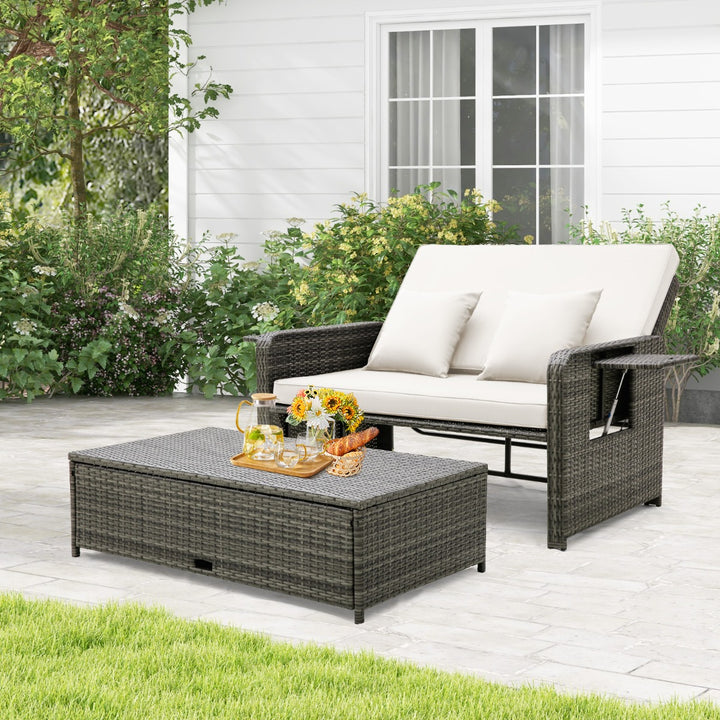 Wicker Loveseat Sofa with Multipurpose Ottoman and Retractable Side Tray