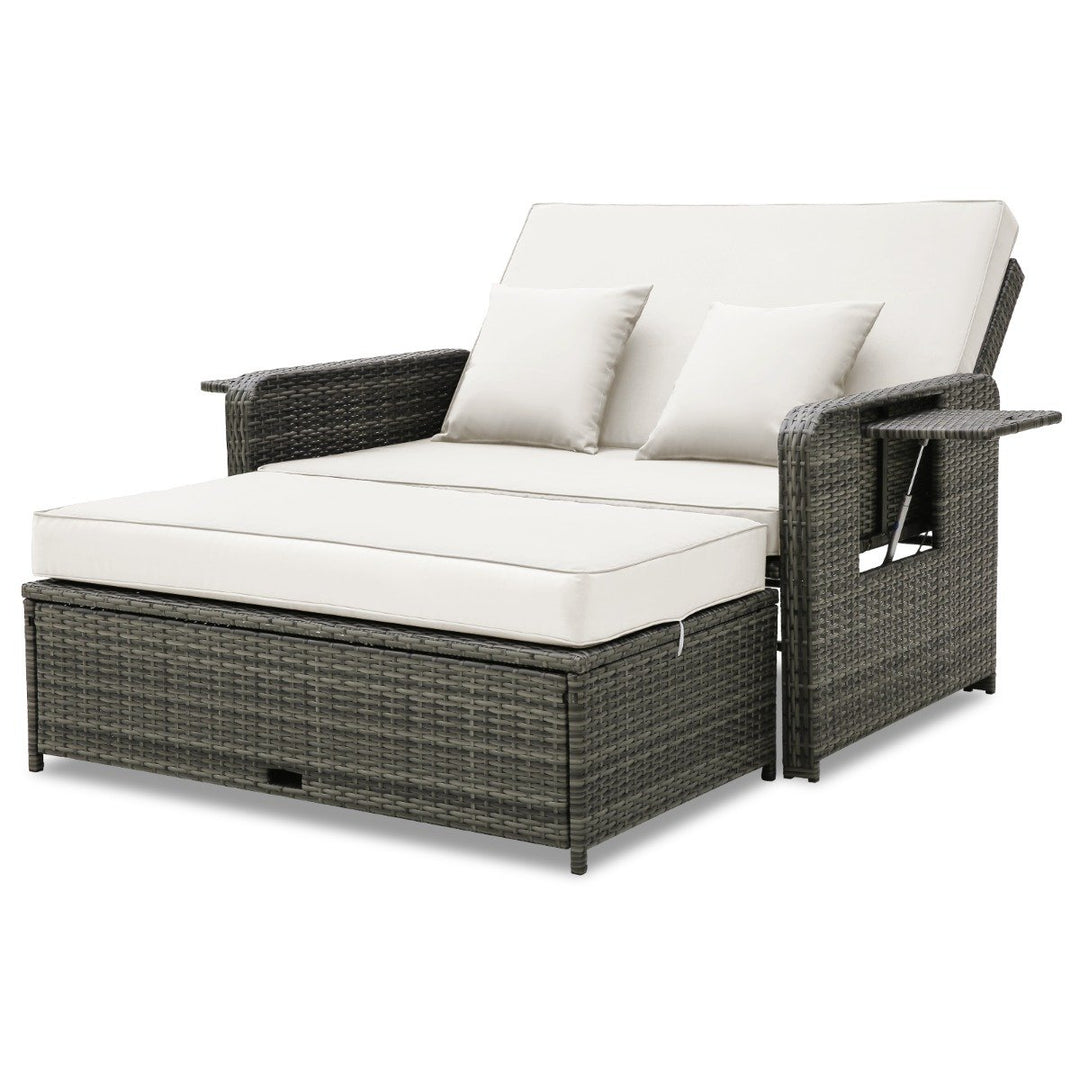 Wicker Loveseat Sofa with Multipurpose Ottoman and Retractable Side Tray