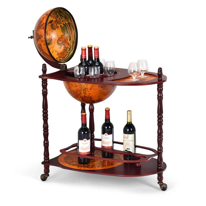 Wood Globe Wine Bar Stand with Retro Wood Liquor Bottle Shelf