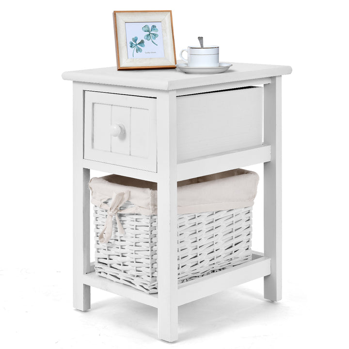 Wooden 2 Layer Bedside End Table Nightstand with Basket + Drawer