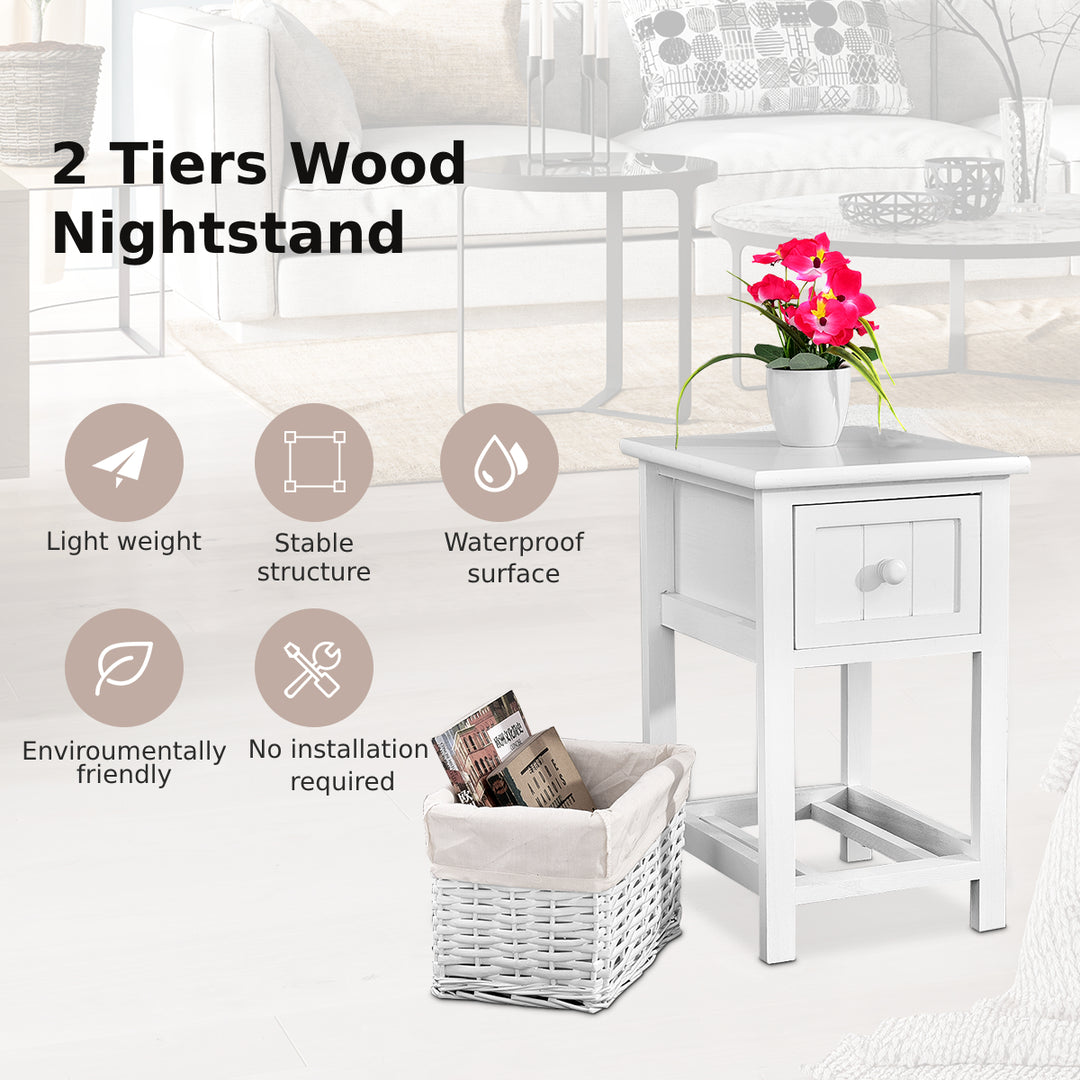 Wooden 2 Layer Bedside End Table Nightstand with Basket + Drawer