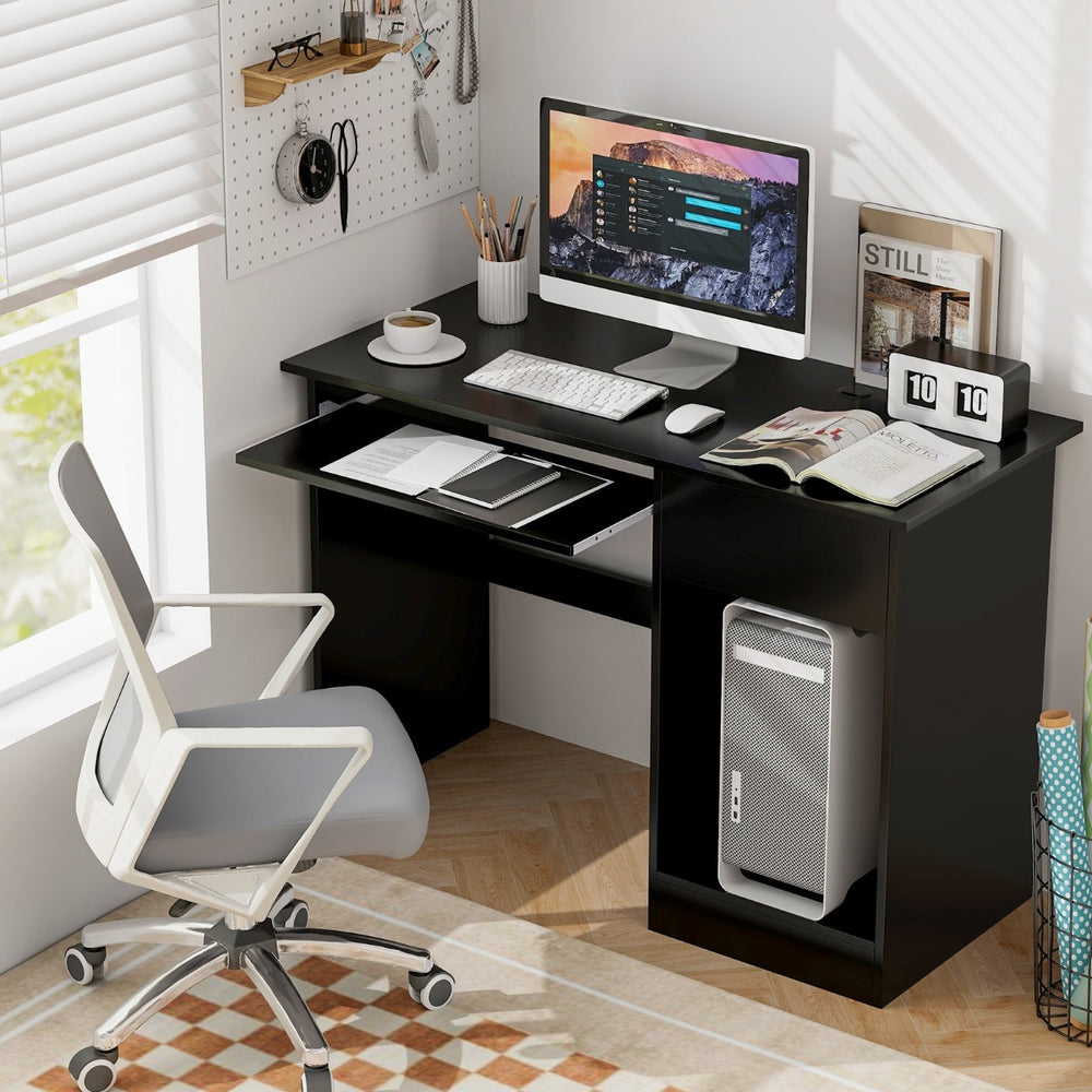 Wooden Computer Desk with Pull-out Keyboard Tray and Adjustable Storage Shelves - TidySpaces
