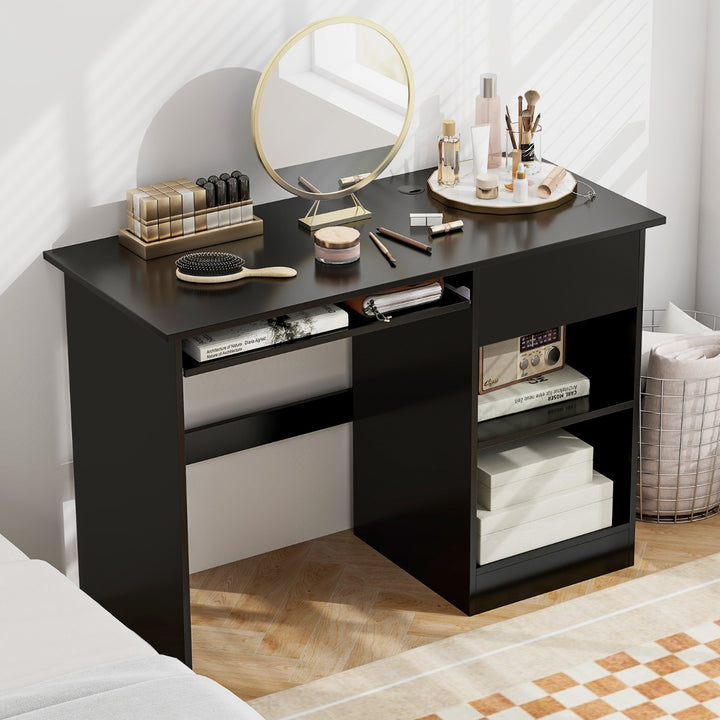 Wooden Computer Desk with Pull-out Keyboard Tray and Adjustable Storage Shelves - TidySpaces