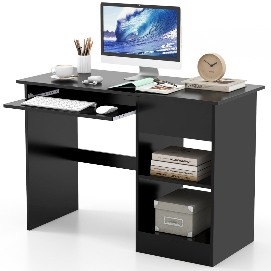 Wooden Computer Desk with Pull-out Keyboard Tray and Adjustable Storage Shelves - TidySpaces