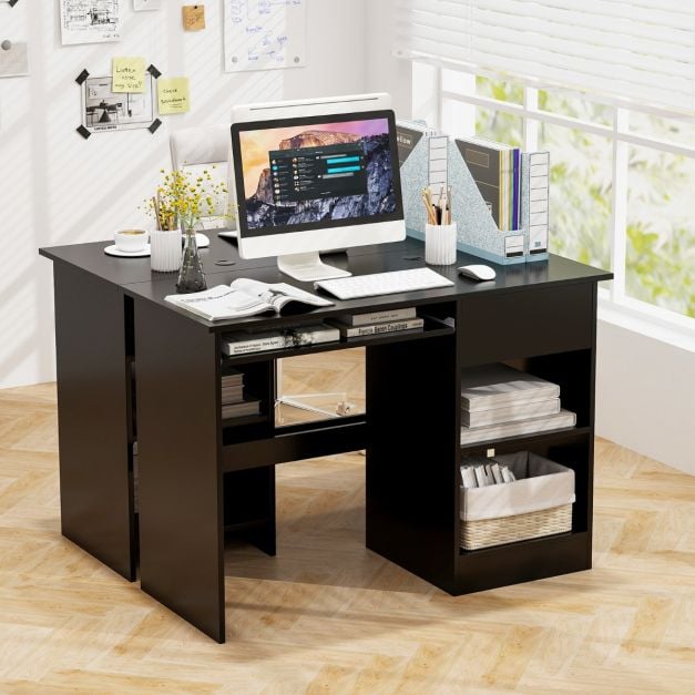 Wooden Computer Desk with Pull-out Keyboard Tray and Adjustable Storage Shelves