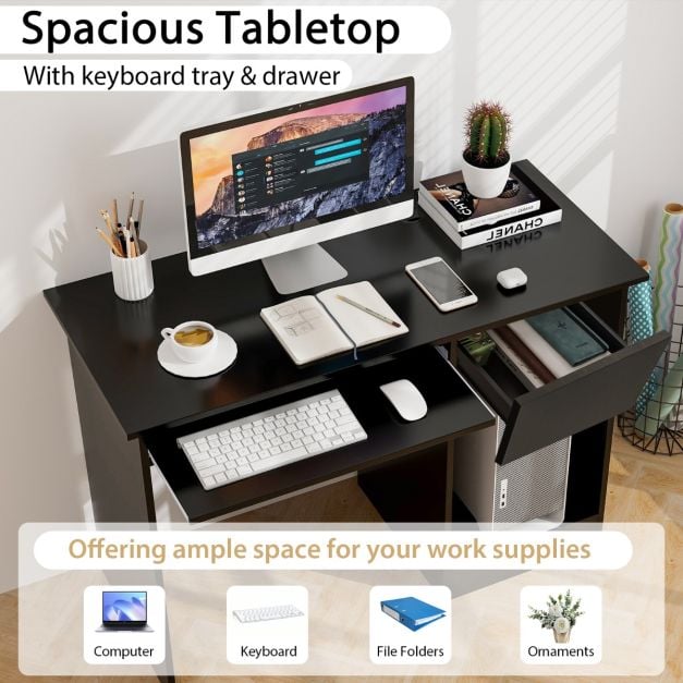 Wooden Computer Desk with Pull-out Keyboard Tray and Adjustable Storage Shelves