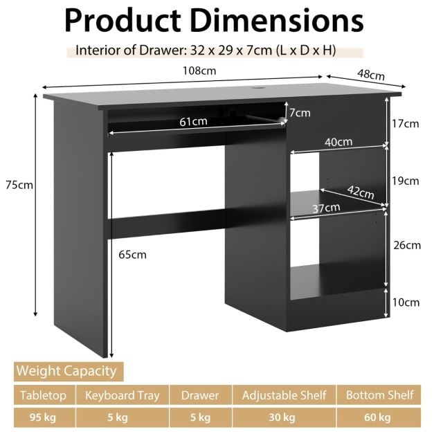 Wooden Computer Desk with Pull-out Keyboard Tray and Adjustable Storage Shelves