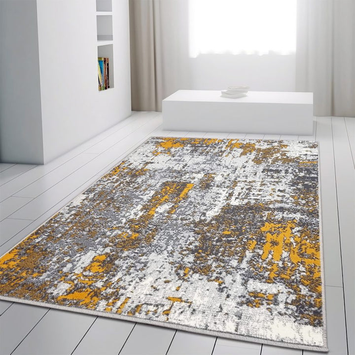 Marble Abstract Rug Grey Mustard Yellow Distressed Pattern Soft Carpet