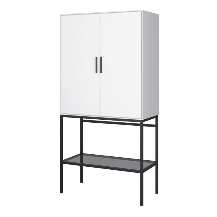 Slimline 2 Door Tall Cabinet in Pure White with Steel Black Legs - TidySpaces