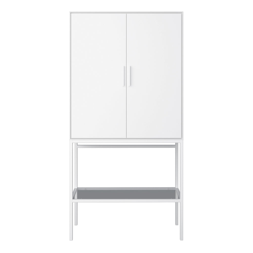 Slimline 2 Door Tall Cabinet in Pure White with Steel White Legs - TidySpaces