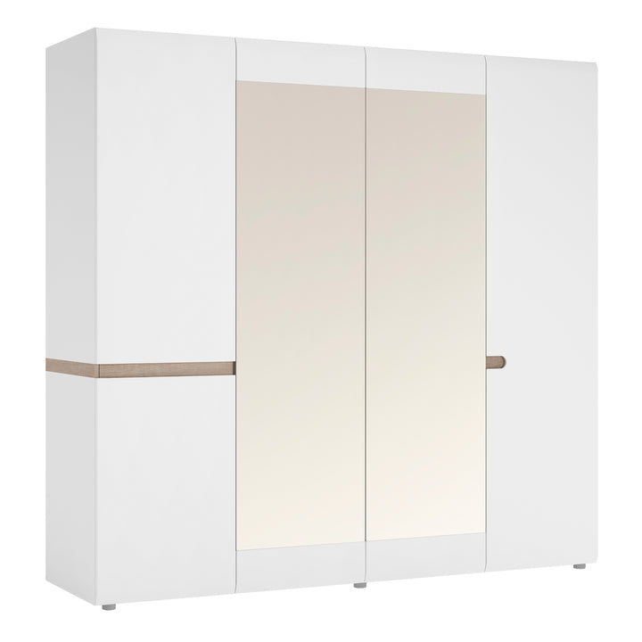 Chelsea 4 Door Wardrobe with mirrors and Internal shelving in White with Oak Trim - TidySpaces