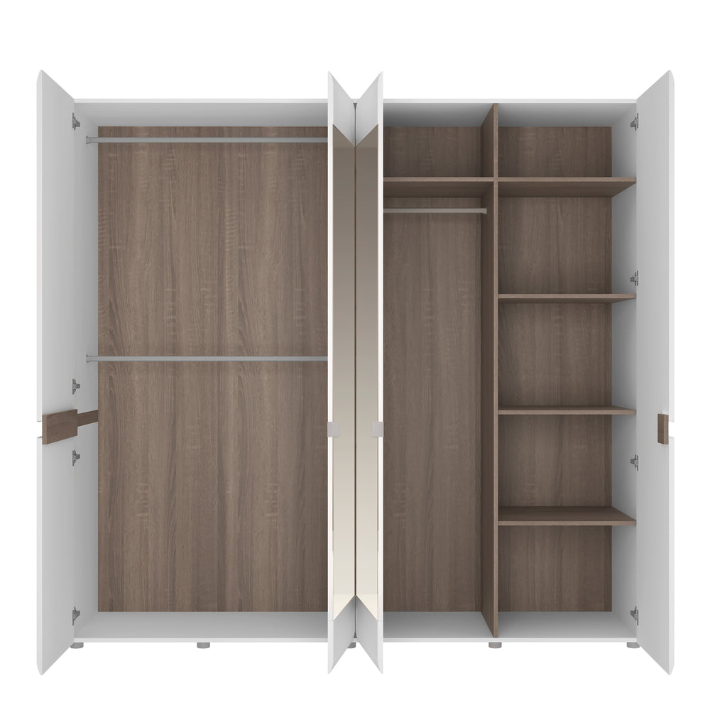 Chelsea 4 Door Wardrobe with mirrors and Internal shelving in White with Oak Trim - TidySpaces