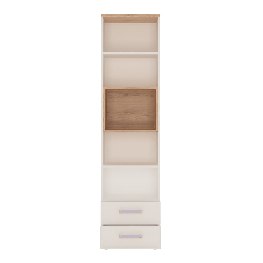 4Kids Tall 2 Drawer Bookcase in Light Oak and white High Gloss (lilac handles) - TidySpaces