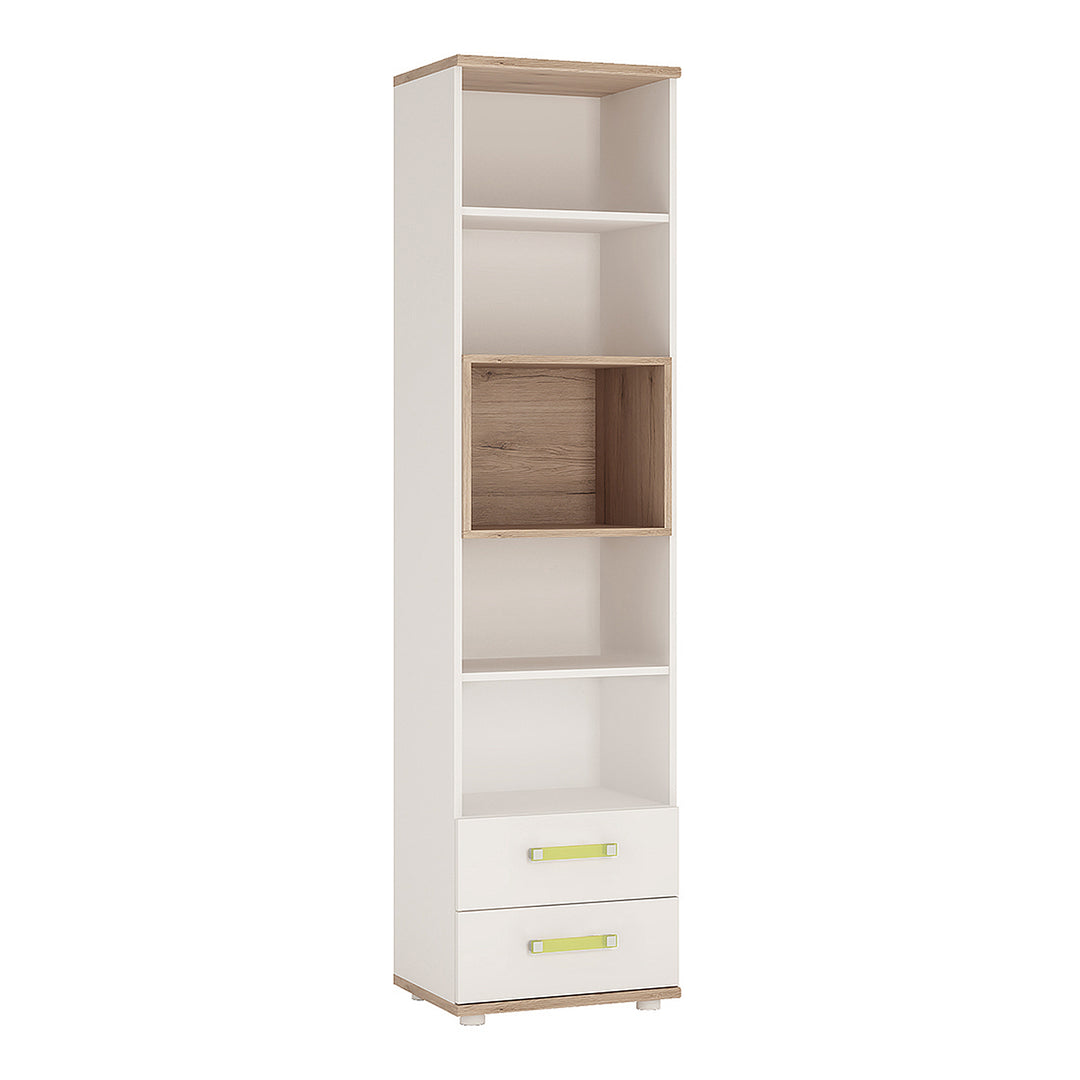 4Kids Tall 2 Drawer Bookcase in Light Oak and white High Gloss (lemon handles) - TidySpaces