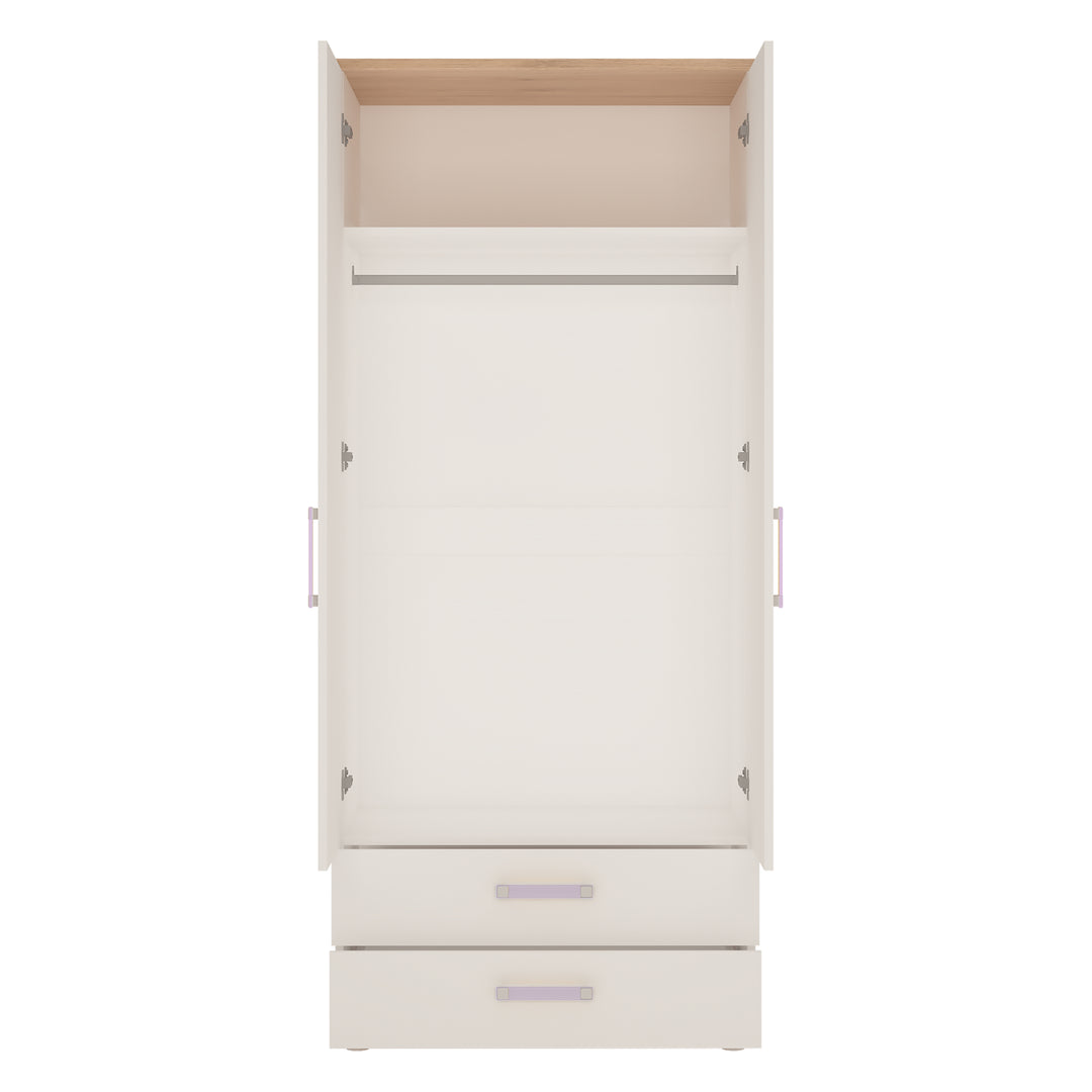 4Kids 2 Door 2 Drawer Wardrobe in Light Oak and white High Gloss (lilac handles) - TidySpaces