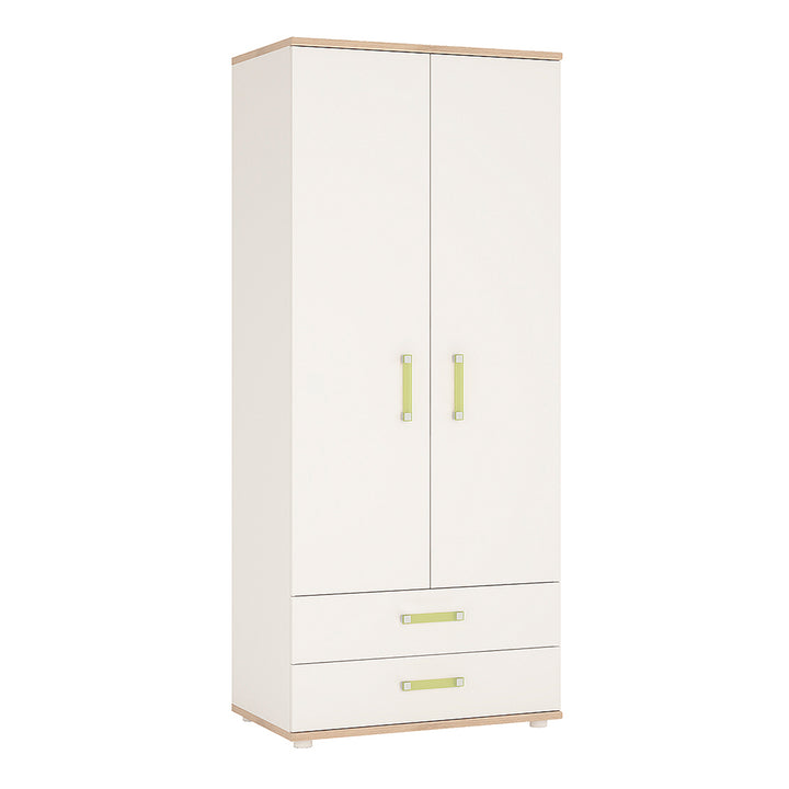 4Kids 2 Door 2 Drawer Wardrobe in Light Oak and white High Gloss (lemon handles) - TidySpaces