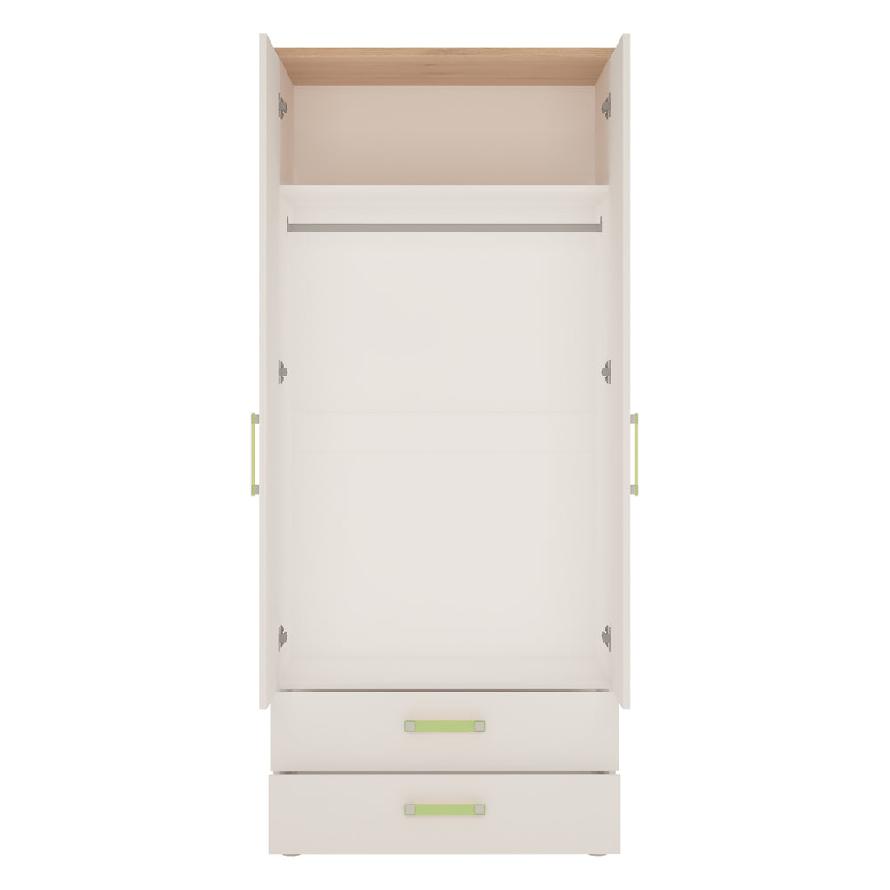 4Kids 2 Door 2 Drawer Wardrobe in Light Oak and white High Gloss (lemon handles) - TidySpaces